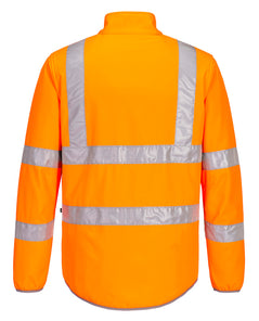 Back of Portwest Eco Hi-Vis Softshell Jacket in Orange with reflective on back, shoulders and arms.