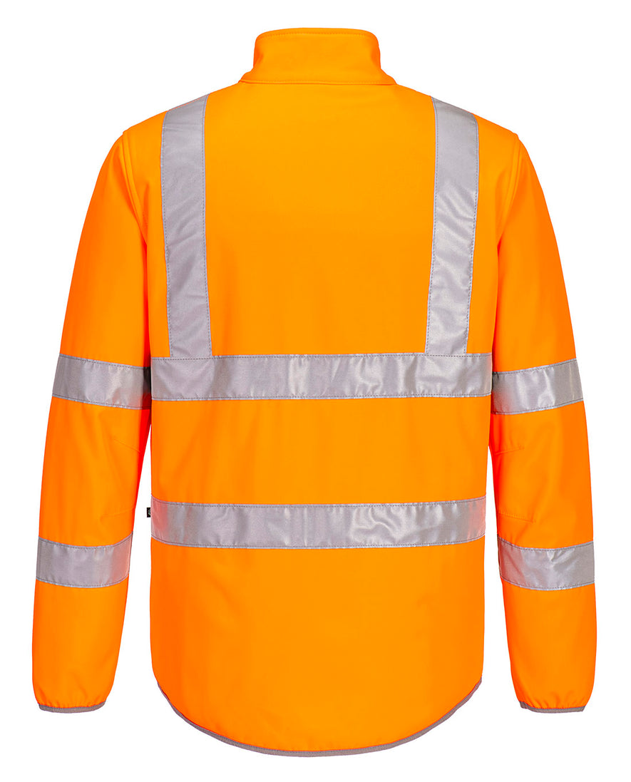 Back of Portwest Eco Hi-Vis Softshell Jacket in Orange with reflective on back, shoulders and arms.