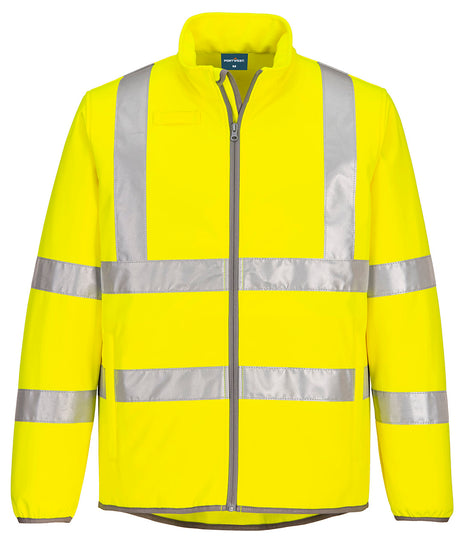 Portwest Eco Hi-Vis Softshell Jacket in yellow with reflective on front, shoulders and arms, full zip fastening on front in grey, radio loop on shoulder and zip pockets on lower front.