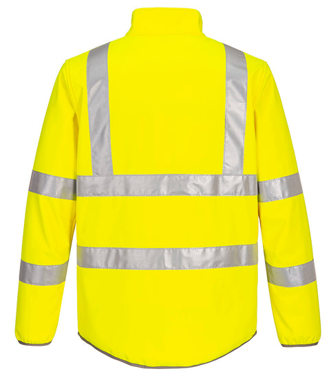 Back of Portwest Eco Hi-Vis Softshell Jacket in yellow with reflective on back, shoulders and arms.