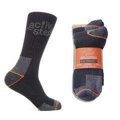 Black with grey branding and patches on heel and toe with orange stripes. Two pack of socks in orange retail packaging to the right.