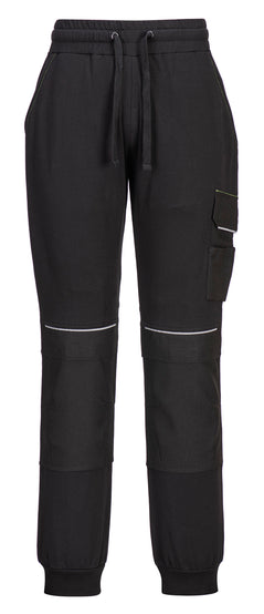 Portwest PW3 Work Jogger in black with elasticated waist band with drawstring, pockets on hips, on side of leg, knee pad pockets and reflective piping on knees and side pockets. 
