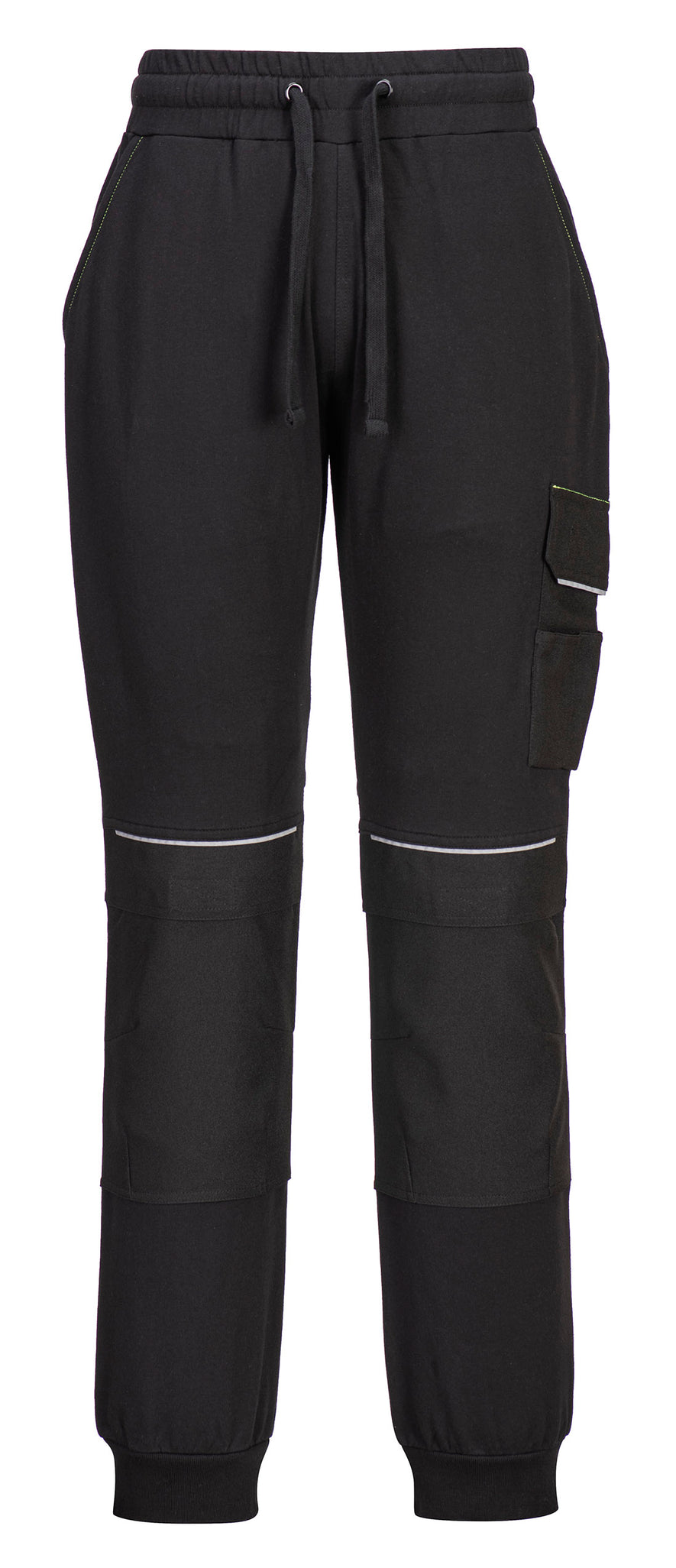 Portwest PW3 Work Jogger in black with elasticated waist band with drawstring, pockets on hips, on side of leg, knee pad pockets and reflective piping on knees and side pockets.