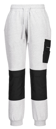 Portwest PW3 Work Jogger in grey marl with elasticated waist band with drawstring, pockets on hips, on side of leg, knee pad pockets and reflective piping on knees and side pockets. Black panels on pocket on side of leg and knee pockets.