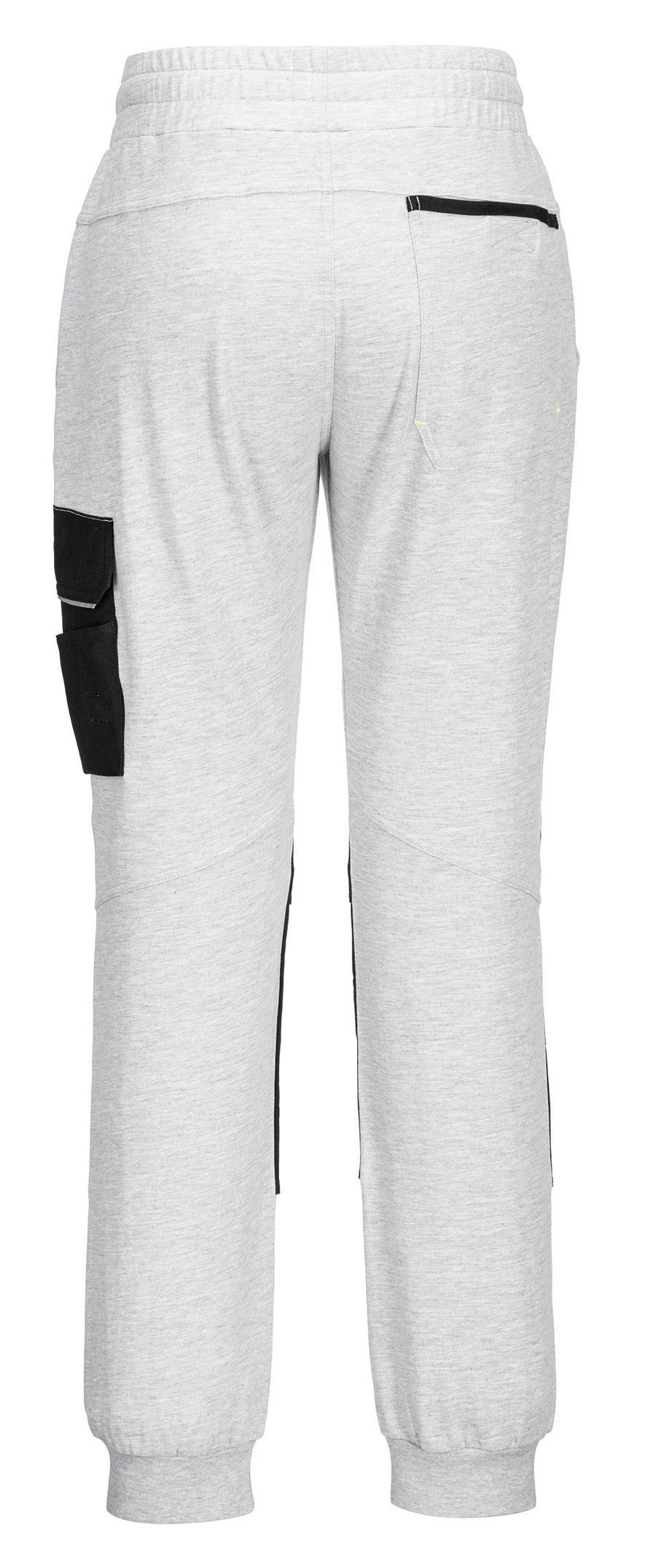 Back of Portwest PW3 Work Jogger in heather grey with elasticated waist band and pockets on back and black pocket on side of leg.