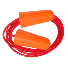 Orange corded PU foam ear plugs, Orange plugs on a red cord.