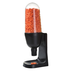 Black ear plug dispenser with clear tub to hold the ear plugs.