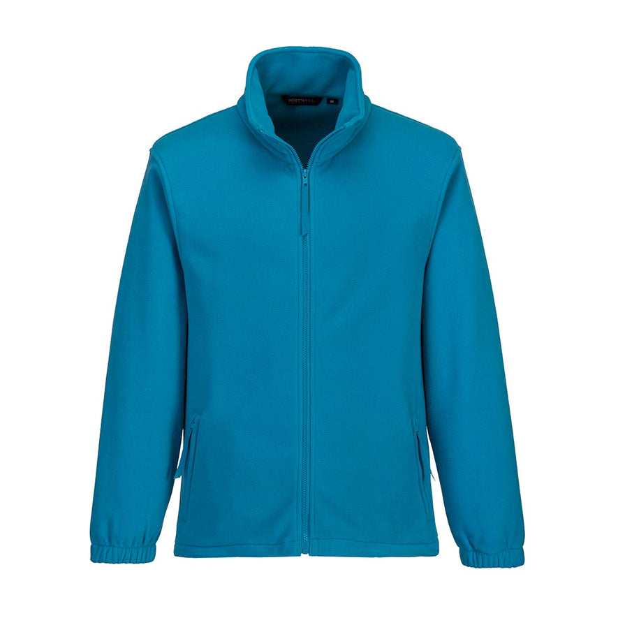 Aqua fleece jacket with full zip close and two side zip pockets.
