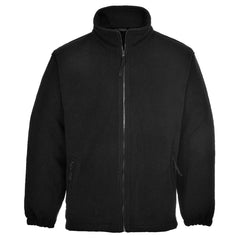 Black fleece jacket with full zip close and two side zip pockets.