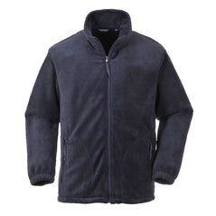 Navy fleece jacket with full zip close and two side zip pockets.