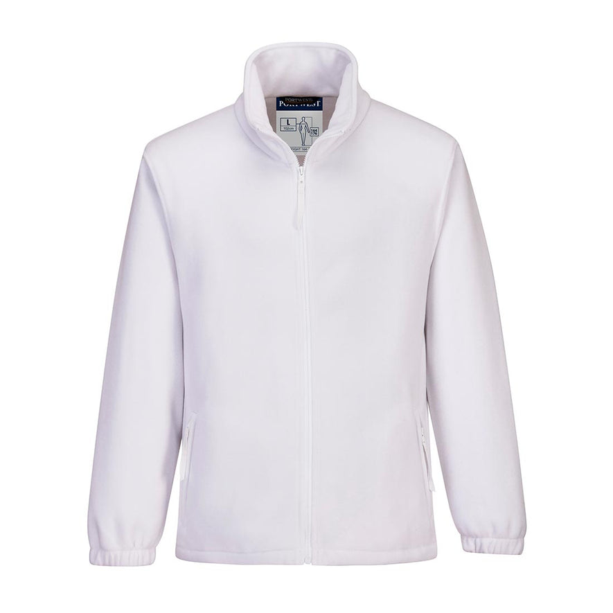 White fleece jacket with full zip close and two side zip pockets.