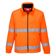 Orange hi vis essential fleece jacket with two hi vis bands on the was it and arms. Jacket is zip fasten and has two waist zip pockets.