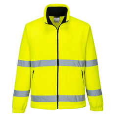 Yellow hi vis essential fleece jacket with two hi vis bands on the was it and arms. Jacket is zip fasten and has two waist zip pockets.