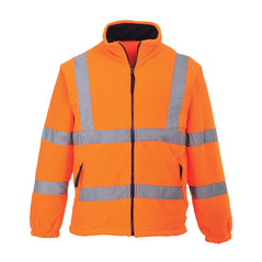 Orange hi vis zip up sleeve jacket. Jacket has two hi vis bands on the body, arms and shoulders. Jacket has two side pockets.