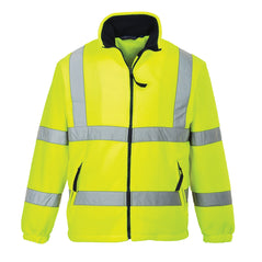 Yellow hi vis zip up sleeve jacket. Jacket has two hi vis bands on the body, arms and shoulders. Jacket has two side pockets. Edit alt text