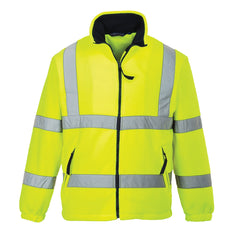 Yellow hi vis zip up sleeve jacket. Jacket has two hi vis bands on the body, arms and shoulders. Jacket has two side pockets.  Edit alt text