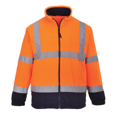 Orange and navy fleece jacket. Jacket is zip fasten and has two hi vis bands across the body, shoulders and arms. Jacket also has navy contrast on the Bottom of the jacket and arms.