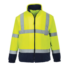 Yellow and navy fleece jacket. Jacket is zip fasten and has two hi vis bands across the body, shoulders and arms. Jacket also has navy contrast on the Bottom of the jacket and arms.