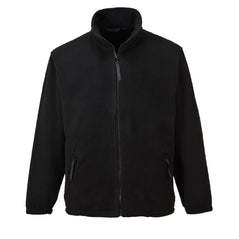 Black fleece jacket with full zip close and two side zip pockets.