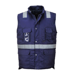 Navy Iona Bodywarmer with reflective strips on shoulders and across chest, two pockets on chest and two on lower front. Full zip fastening with conealing flap with metal popper closure.