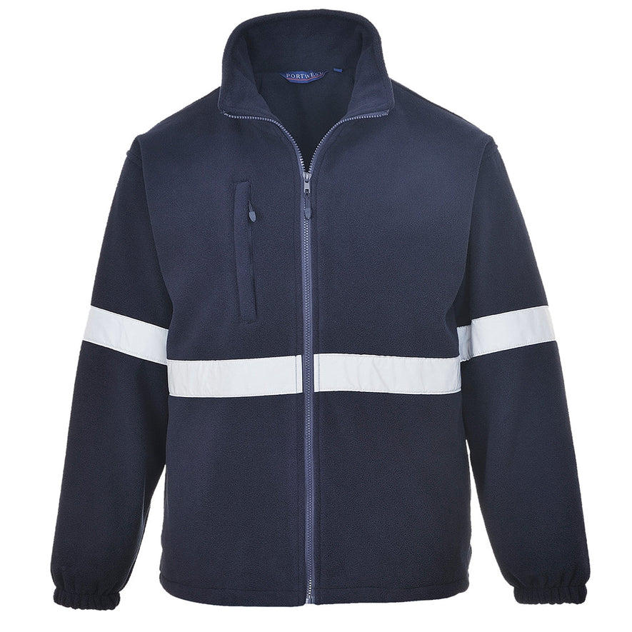 Navy iona hi vis lite fleece jacket. Jacket has one hi vis waist band, sip pocket on the chest. Jacket is also full zip fasten.