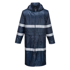 Navy classic Iona hi vis rain coat. Coat is zip fasten with low hi vis band two bands on the arms and chest band. visible hood.