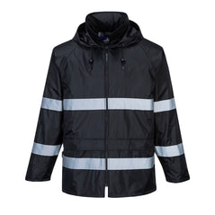 Black classic Iona hi vis rain jacket. Jacket is zip fasten with two bands on the arms and body. visible hood.