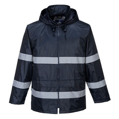 Navy classic Iona hi vis rain jacket. Jacket is zip fasten with two bands on the arms and body. visible hood.