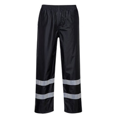 Black hi vis waterproof trousers with elasticated waistband and two hi vis bands on the ankle.