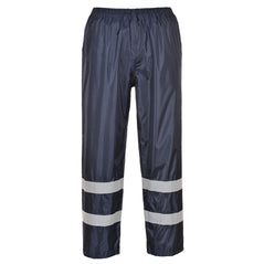 Navy hi vis waterproof trousers with elasticated waistband and two hi vis bands on the ankle.