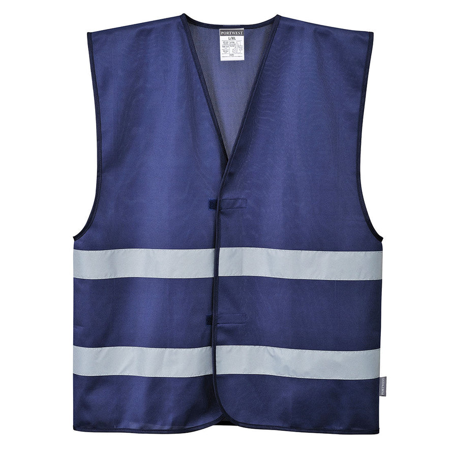 Navy hi-vis vest with hi vis bands on the waist.