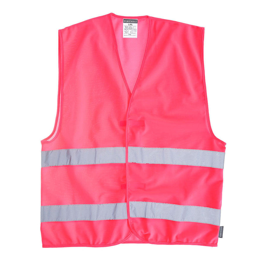 Pink hi-vis vest with hi vis bands on the waist.
