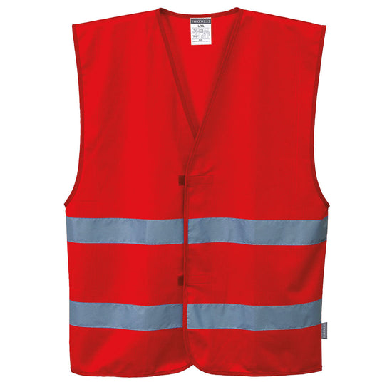 Red hi-vis vest with hi vis bands on the waist.