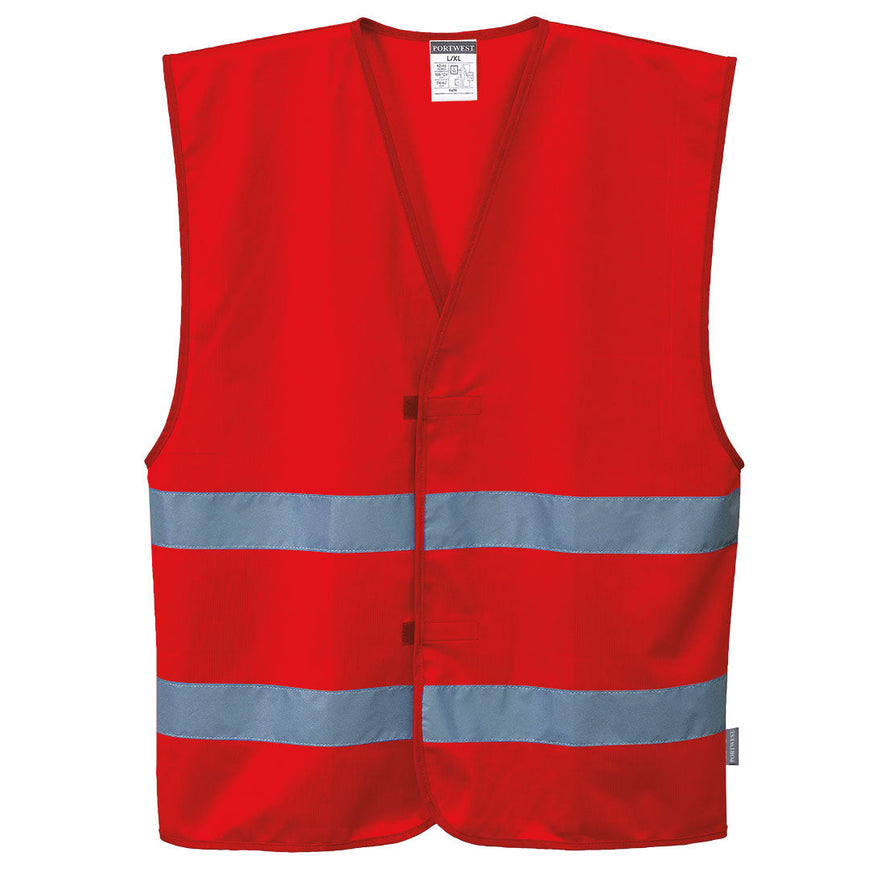Red hi-vis vest with hi vis bands on the waist.