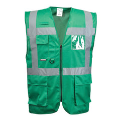 Green executive vest, zip fasten with side pockets and chest pocket with d loop and id badge holder. Vests have waist bands and shoulder bands