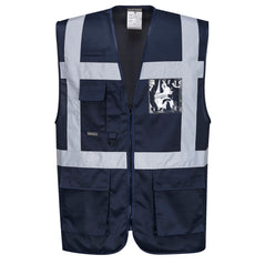 Navy executive vest, zip fasten with side pockets and chest pocket with d loop and id badge holder. Vests have waist bands and shoulder bands