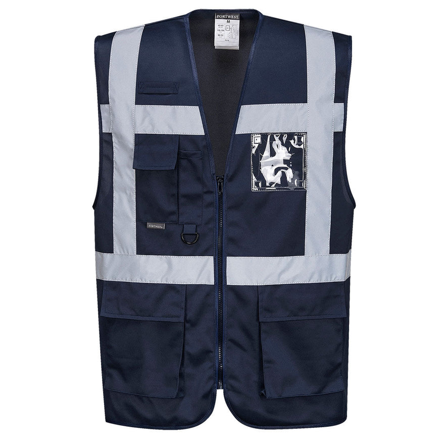 Navy executive vest, zip fasten with side pockets and chest pocket with d loop and id badge holder. Vests have waist bands and shoulder bands