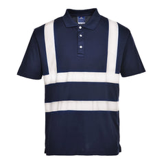 Navy Hi vis polo shirt short sleeve. Polo Shirts have two hi vis waist bands and hi vis shoulder bands.
