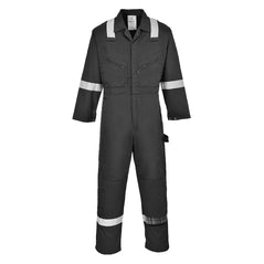 Black coverall with hi vis straps on the ankles, arms and shoulders. coveralls are have visible zip chest pockets.