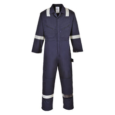 Navy coverall with hi vis straps on the ankles, arms and shoulders. coveralls are have visible zip chest pockets.