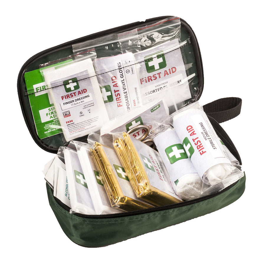 Green portwest viechle First aid kit. Kit is green with zip close and has first aid items on the inner.