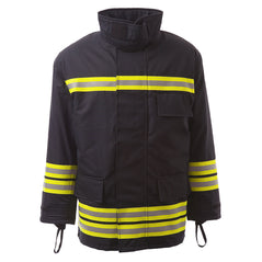 Navy coat with high neck collar, Coat has two yellow and hi vis bands on the bottom of jacket and bottom of arms. Jacket also has a chest hi vis band. Hook loops on the sleeves.
