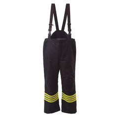 Navy bib and brace with two yellow bands at the bottom, both have hi vis stripes. Bib and brace has shoulder suspenders.