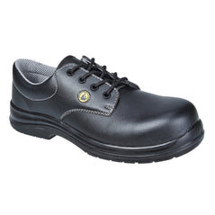 Black Portwest Compositelite ESD laced safety shoe S2. Shoe has a protective toe and black sole with yellow ESD badge on the side.