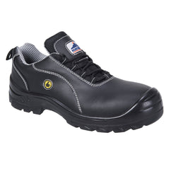 Black portwest compositelite ESD leather safety shoe S1. Shoe has a protective toe with scuff cap, grey stitching on the sides and laces. Shoe also has a yellow ESD badge on the side.