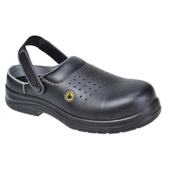 Black Portwest ESD perforated Safety Clog. Clog has open back perforated holes for breathability, a black sole, protective sole and yellow ESD badge on the side.