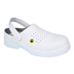 White Portwest ESD perforated Safety Clog. Clog has open back perforated holes for breathability, a black sole, protective sole and yellow ESD badge on the side.