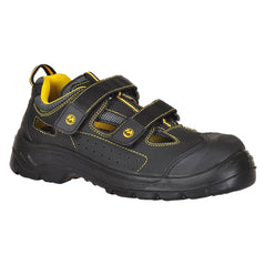 Black Portwest Compositelite ESD Tagus Safety sandal S1P, Sandal has a yellow contrast on the stitching on the sides, inner and ESD logos on the velcro straps. Sandal has protective toe cap.