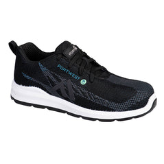 Portwest Eco Fly Composite Trainer in black with white sides of sole, mesh upper with blue panels, stitching and branding on side, laces and rubber portwest rectangle on tongue.
