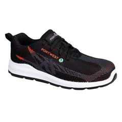 Portwest Eco Fly Composite Trainer in black with white sides of sole, mesh upper with red panels, stitching and branding on side, laces and rubber portwest rectangle on tongue.